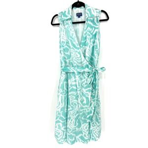 Pendleton Wrap Dress 12 Aqua White Ikat Print Cotton Preppy Heritage Coastal